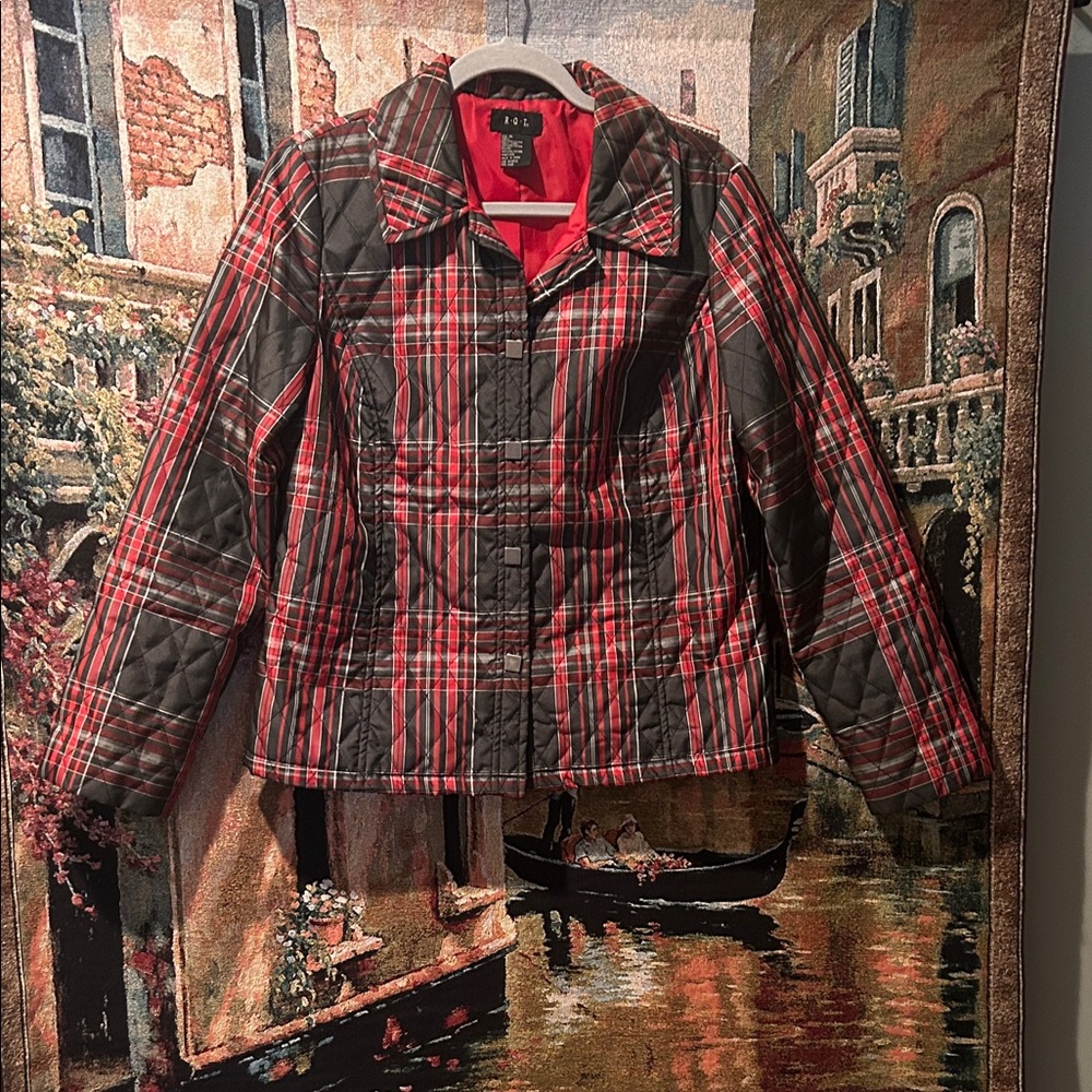 Stylish Red Plaid Women's Quilted Puffer Jacket